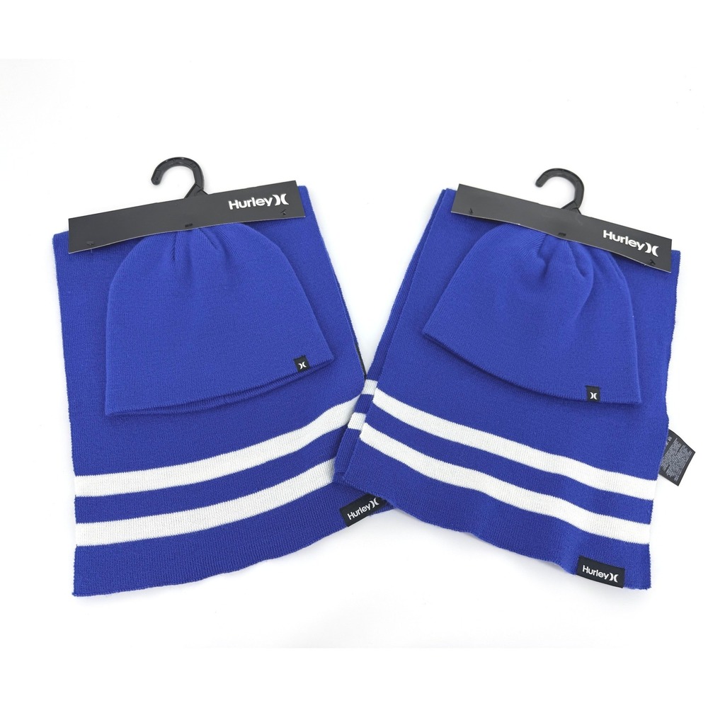 Hurley New‎ Yorker Beanie and Scarf Set Royal Blue White Stripe NWT
